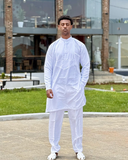 Classic Ethiopian Men’s Traditional Clothing White Outfit with Netela Cultural Men's Outfit Includes Pants and Shoes 0071