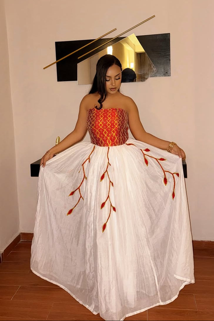 Modern Ethiopian Strapless Dress with Red & Gold Embroidery