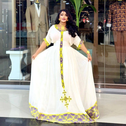 Cultural Ethiopian Dress For Special Celebrations Yellow & Purple Tibeb Habesha Kemis  Soft Handwoven Habesha Dress 0090