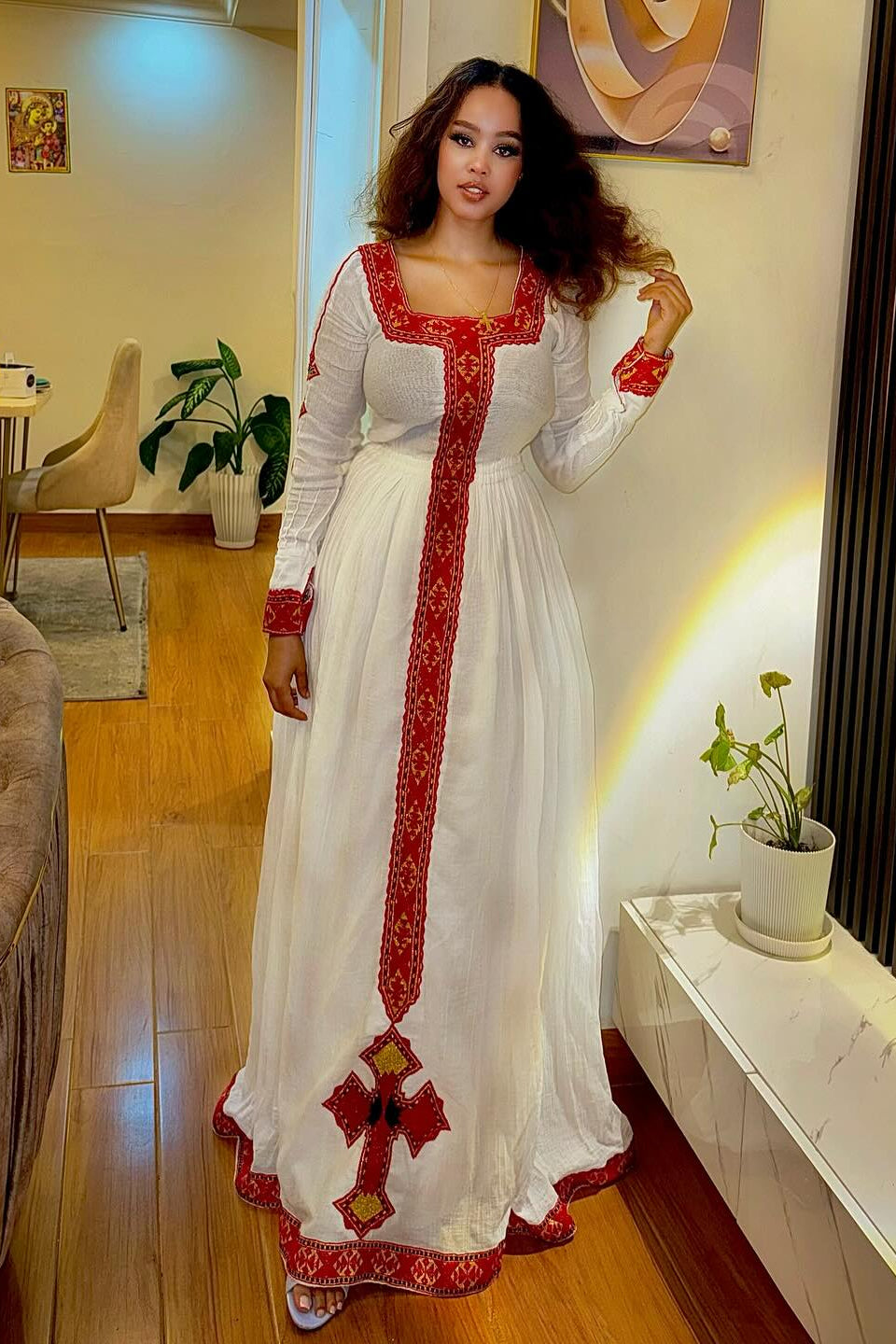 Elegant Habesha Kemis – Ethiopian Traditional White Dress with Red Embroidery