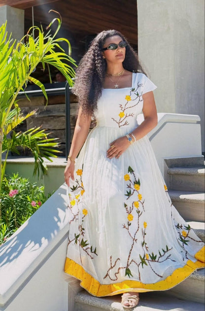 Yellow Floral Habesha Kemis Graceful Ethiopian Traditional Dress  Nature-Inspired Embroidery Habesha Dress 0099