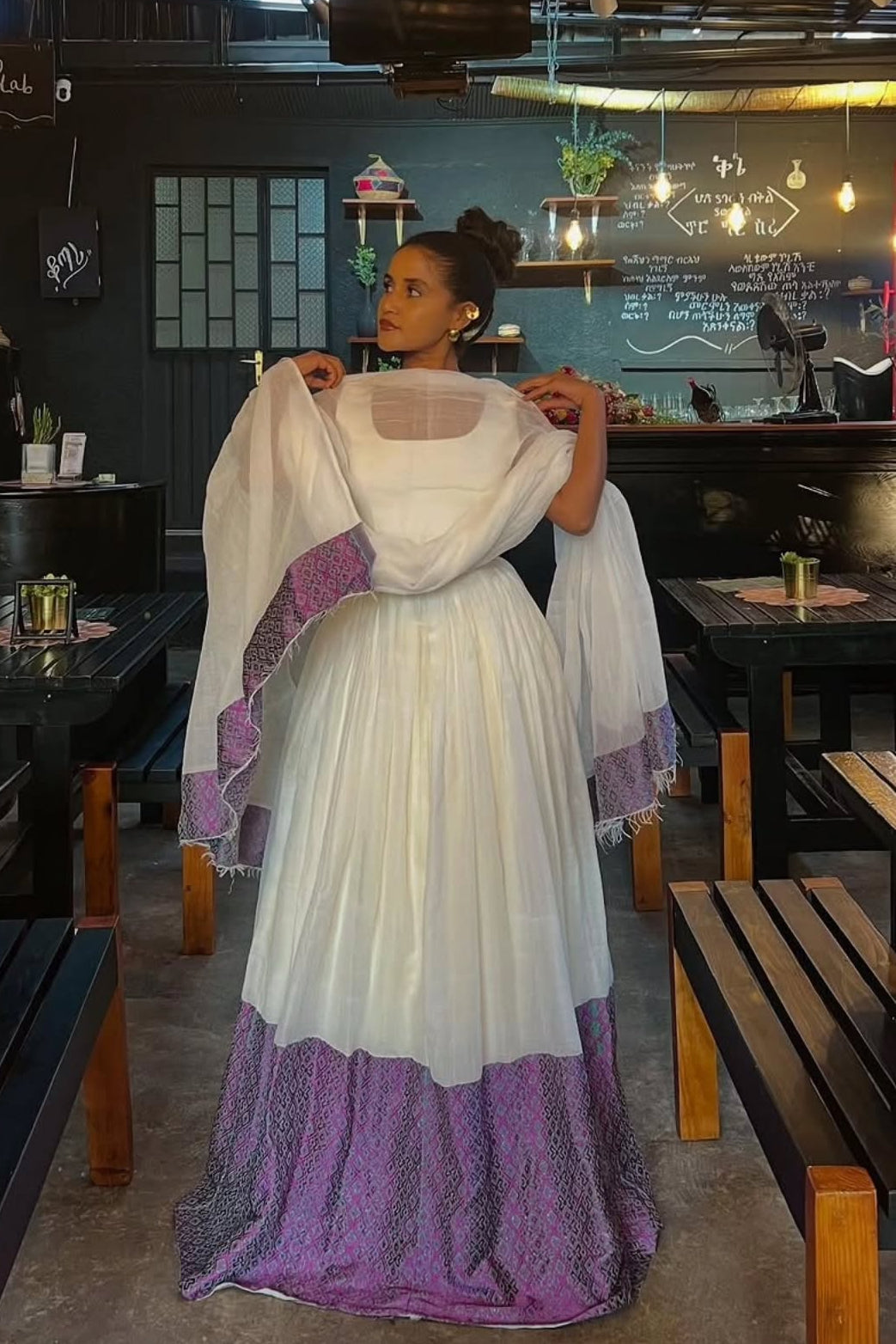 Stylish Ethiopian Habesha Kemis – Purple Tibeb with Open Back