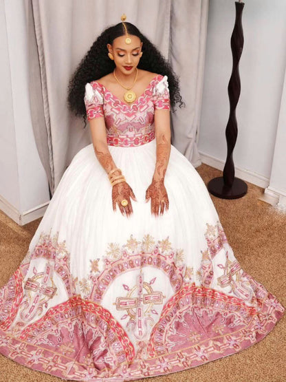 Pink Design Ethiopian Wedding Attire Matching Cultural Habesha Outfit Ethiopian Wedding Dress 118
