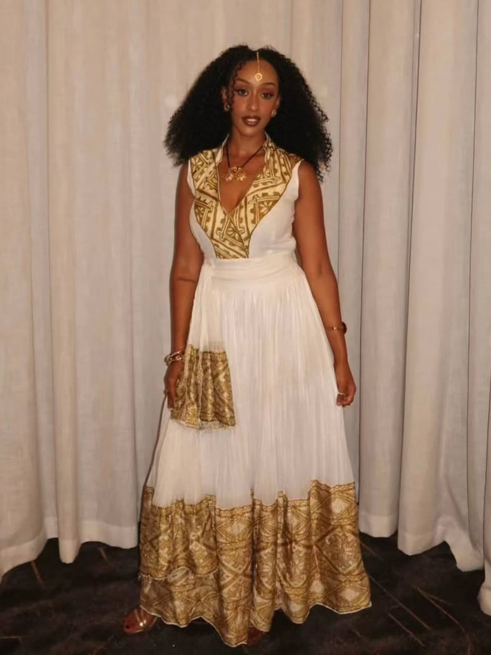 Sleeveless Habesha Dress | Gold-Embroidered Ethiopian Traditional Clothing