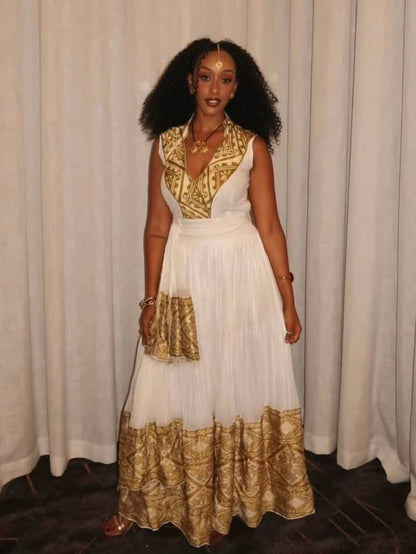 Sleeveless Habesha Dress | Gold-Embroidered Ethiopian Traditional Clothing