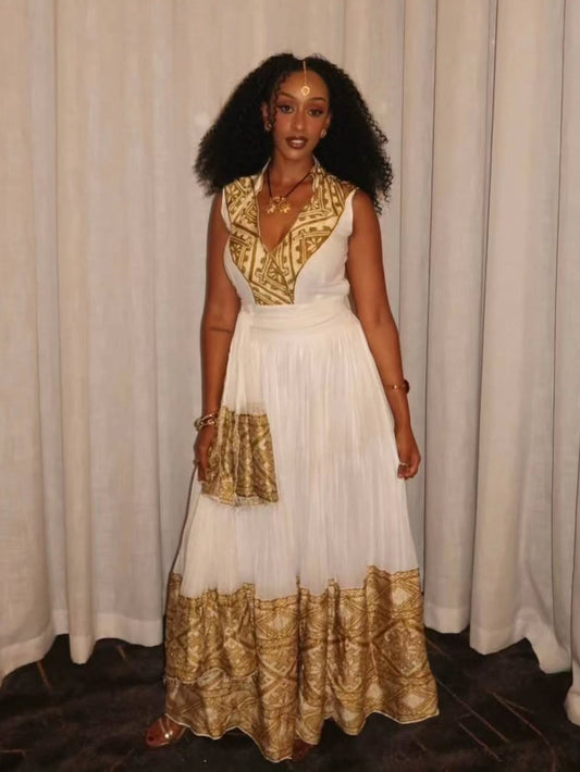 Sleeveless Habesha Dress | Gold-Embroidered Ethiopian Traditional Clothing
