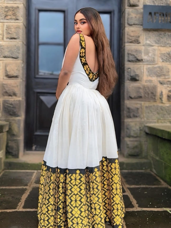 Modern Backless Habesha Dress Bold Yellow Pattern Ethiopian & Eritrean Clothing Stylish Habesha Kemis 130