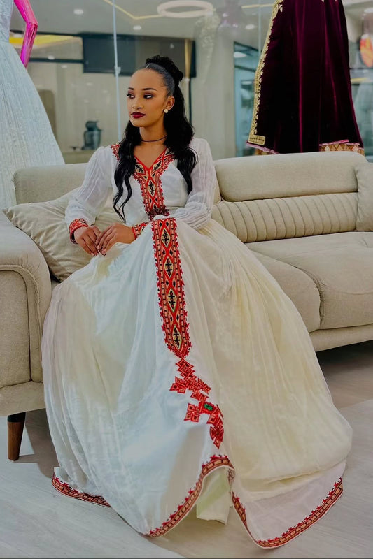 Traditional White Habesha Kemis Red Tilet Embroidery Habesha Dress Timeless Ethiopian & Eritrean Dress 136