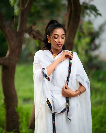 Classic White Habesha Dress Minimalist Multicolor Cross Design Ethiopian Clothing Traditional  Elegance Habesha Kemis 144
