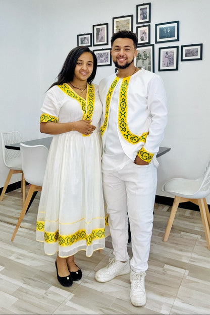 Matching Habesha Couple Outfit with Yellow Embroidery
