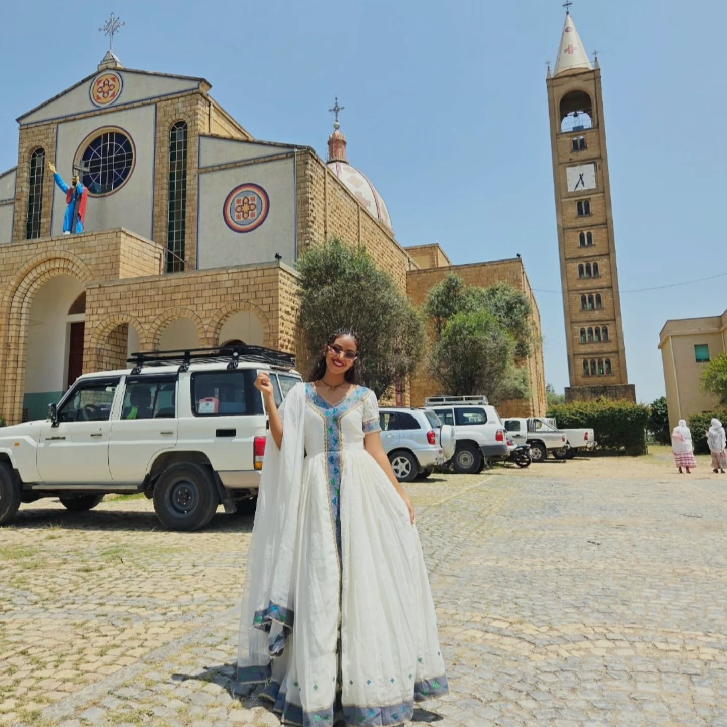 White Habesha Kemis Blue and Green Embroidery Traditional Ethiopian Clothing Handwoven Habesha Dress 197
