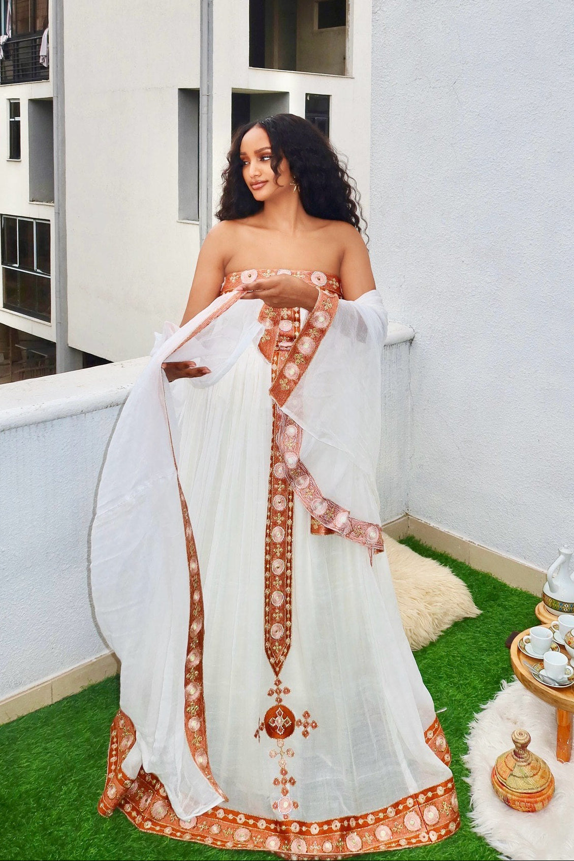 Strapless Habesha Kemis – Red and Gold Embroidered Ethiopian Cloth