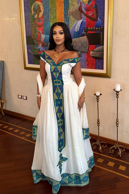 Off Shoulder Cross Embroidery – Habesha Cloth Ethiopian Traditional Dress