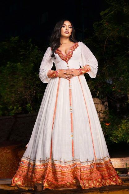 Red and Gold Embroidered V-Neckline Habesha Dress Ethiopian Wedding Dress