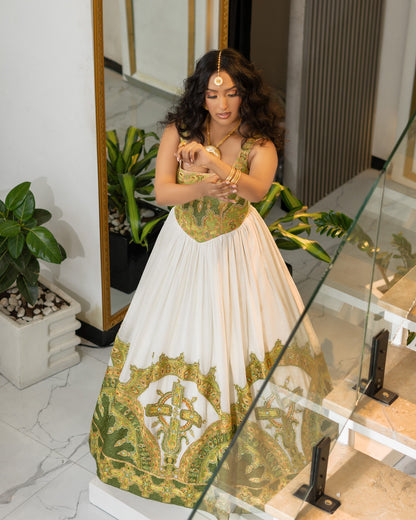 Green & Gold Ethiopian Wedding Dress Traditional Ethiopian Habesha Kemis Sleeveless Habesha Dress 204