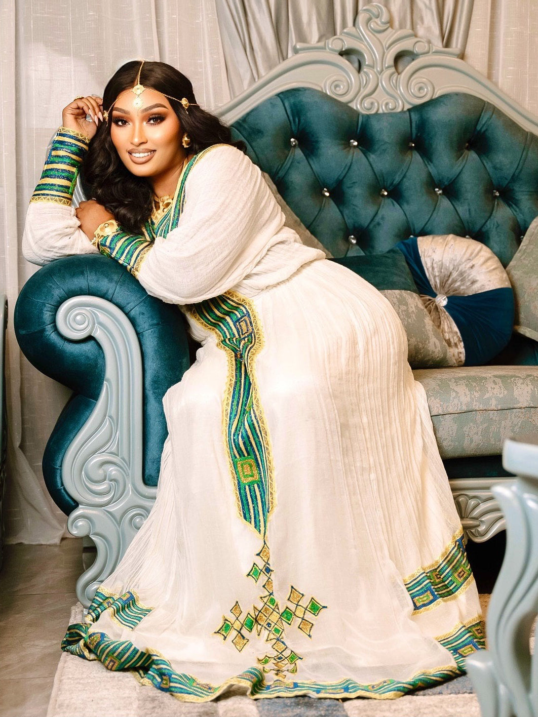Green and Gold Embroidery Habesha Kemis Elegant Habesha Dress Traditional Ethiopian Dress