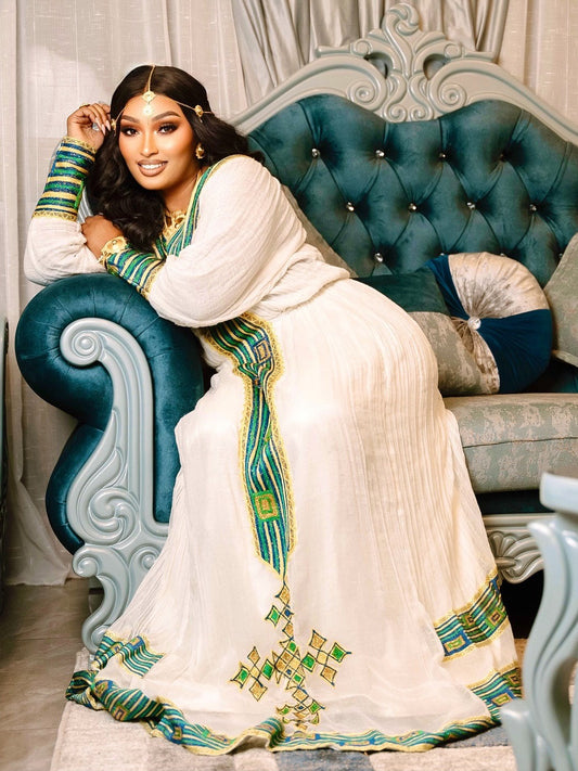 Green and Gold Embroidery Habesha Kemis Elegant Habesha Dress Traditional Ethiopian Dress