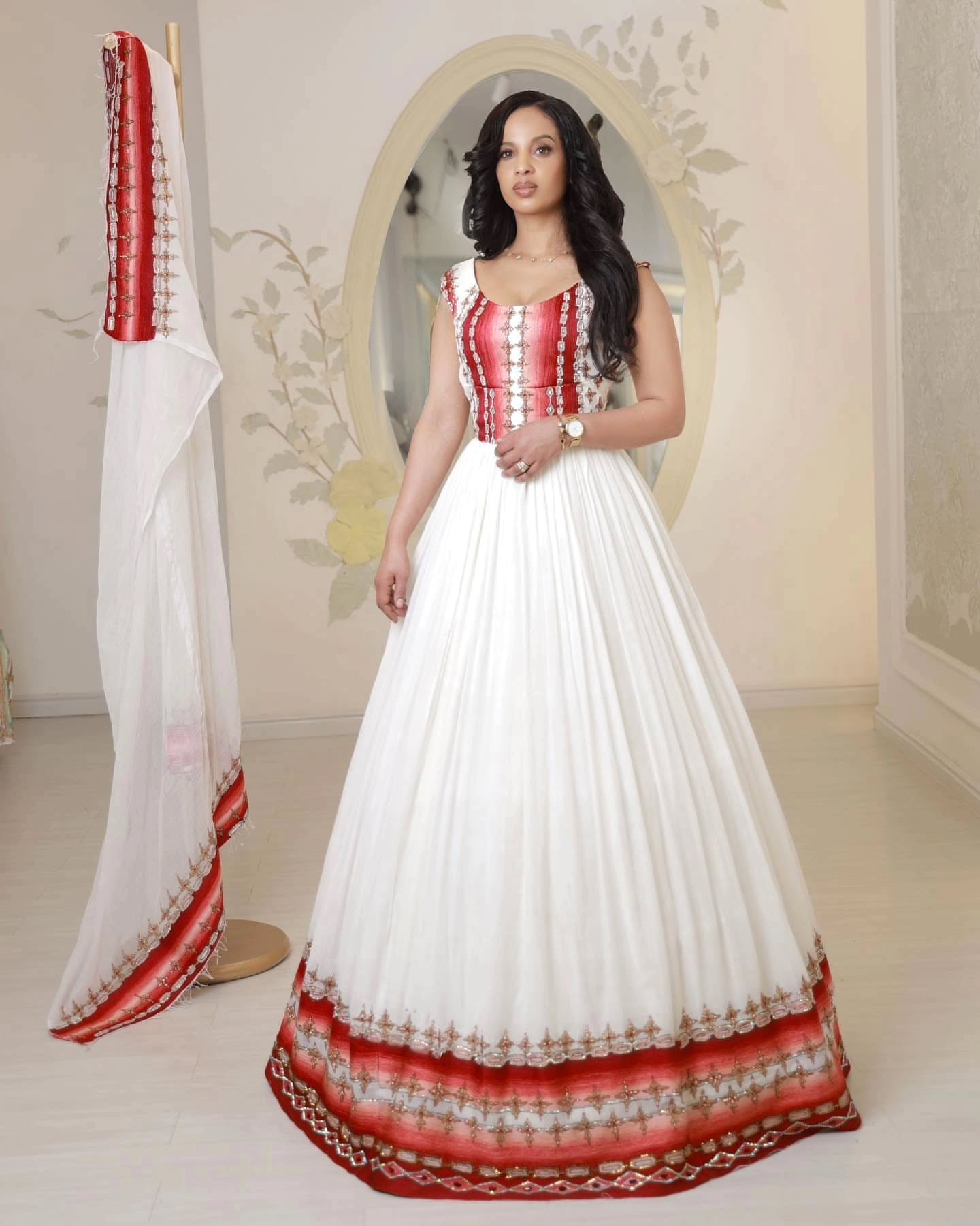 Red Embroidered Habesha Dress  Elegant Ethiopian Wedding Dress 