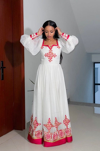Red Embroidered Habesha Kemis Long Sleeve Ethiopian Traditional Dress Cross Design Habesha Dress 165