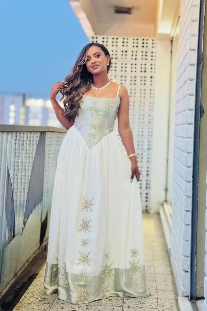 Sleeveless Habesha Dress Elegant White Ethiopian Traditional Dress with Cross Embroidery