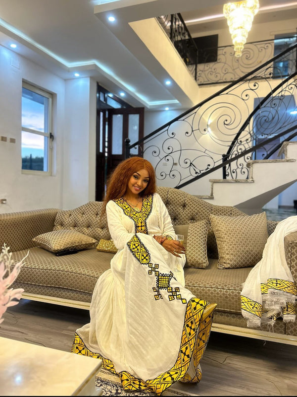 Habesha Dress Stylish Yellow & Black Ethiopian Clothing Habesha Kemis For Festive 255