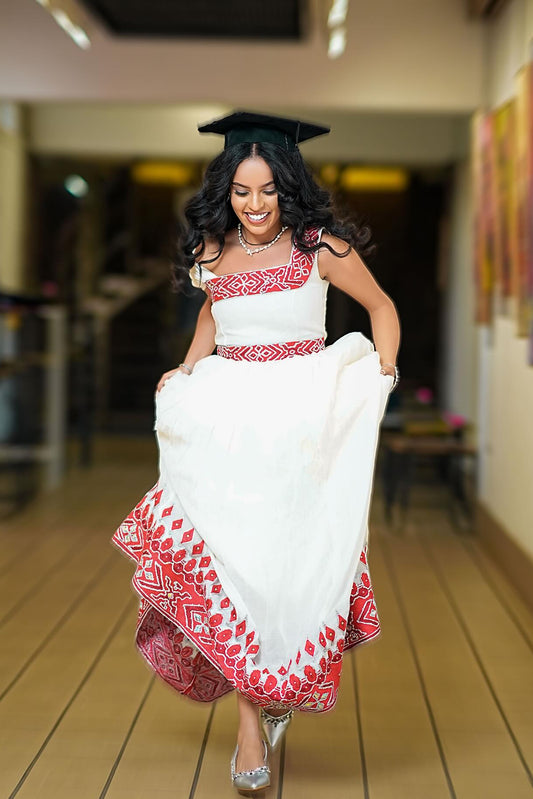 Shop Authentic Red-Patterned Habesha Cloth Dress for Special Occasions