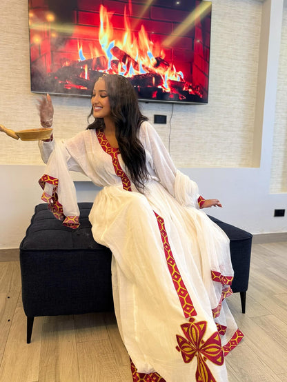 Handcrafted Ethiopian Dress White & Red Habesha Dress Festive Habesha Kemis 272
