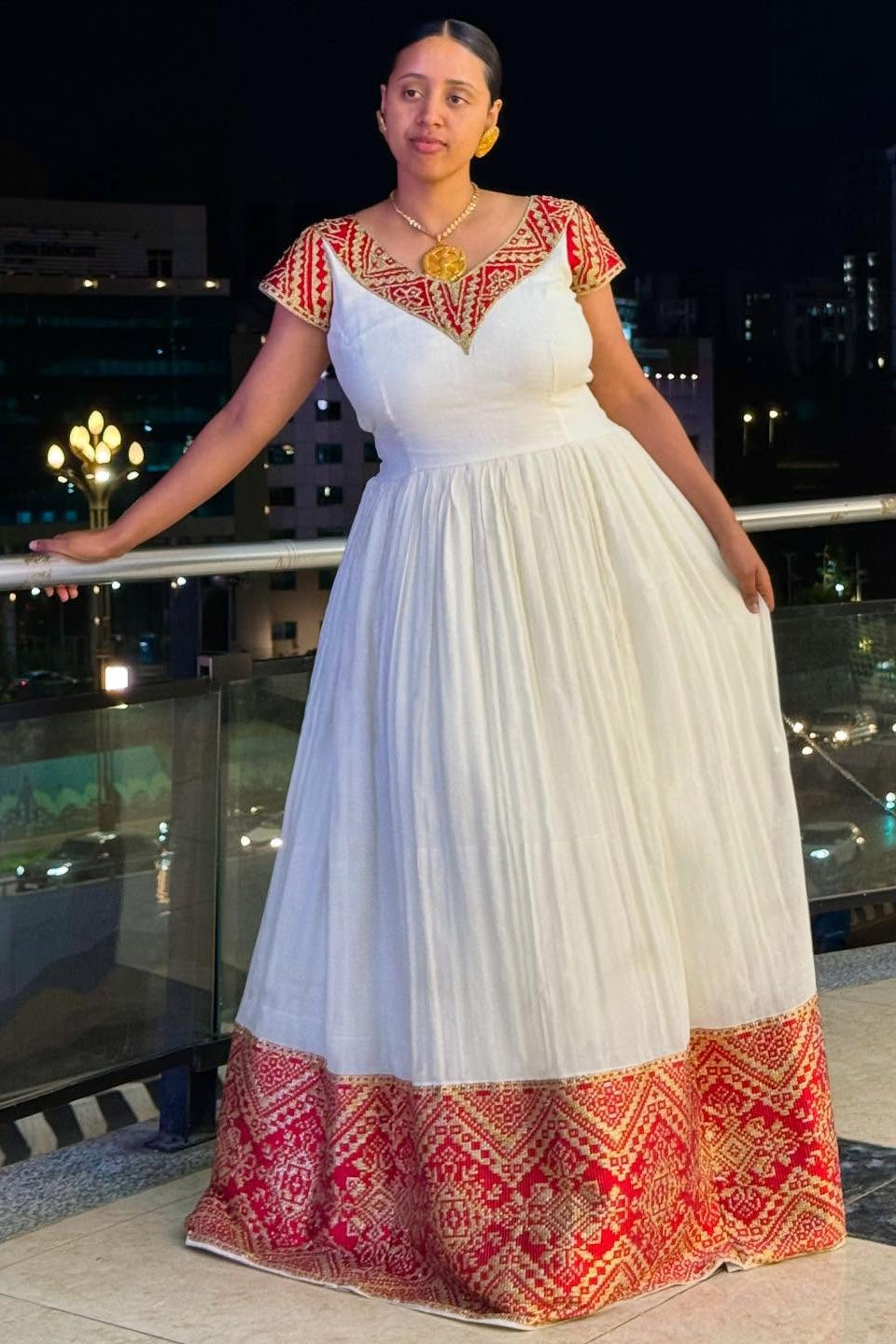 Radiant Habesha Dress with Red–Gold Traditional Embroidery