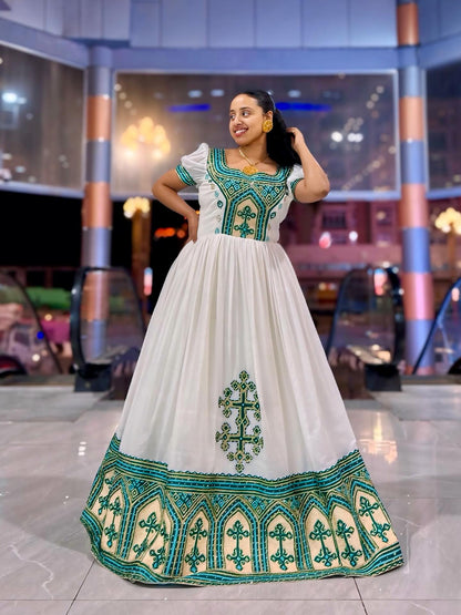 Ethiopian traditional dress For Wedding Cross Embroidery Habesha Kemis Short Sleeve habesha dress 319