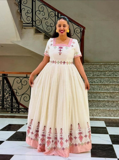 Short Sleeve Habesha Dress Pink Embroidery Habesha Kemis A Graceful Cultural Ethiopian Dress 418