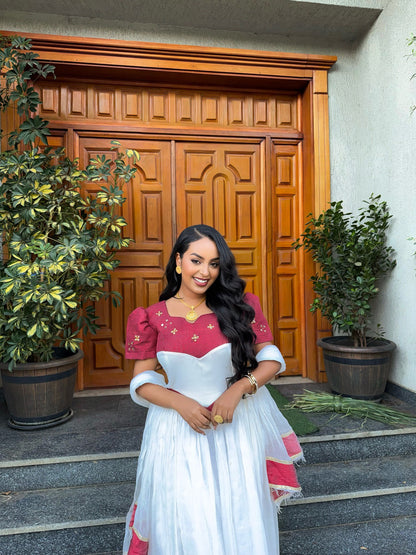 Burgundy and White Habesha Kemis Short Sleeve Habesha Dress Classic Ethiopian Dress 429