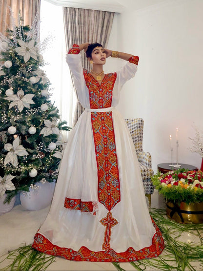 Ivory Gown with Red Embroidery Habesha Kemis Traditional Ethiopian Dress Flowing Design Habesha Dress 430