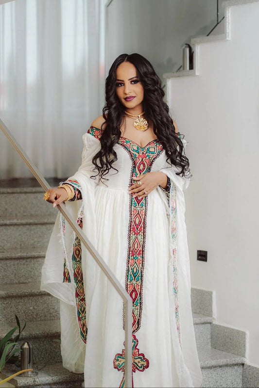 Long Sleeve Ethiopian Dress Multicolor Embroidery Habesha Kemis Charming Habesha Dress 457