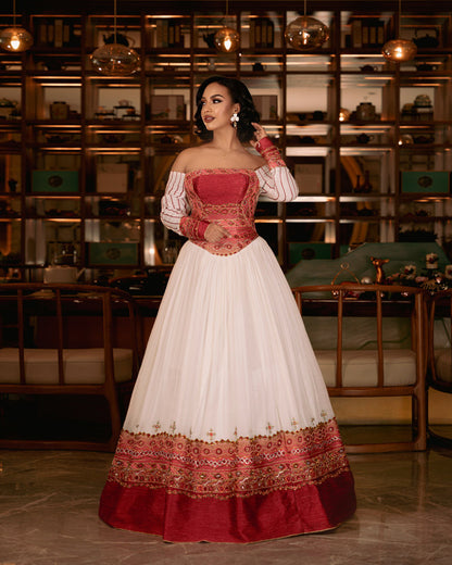 Off-Shoulder Habesha Dress Red Embroidery Ethiopian Wedding Dress Graceful Habesha Kemis 466
