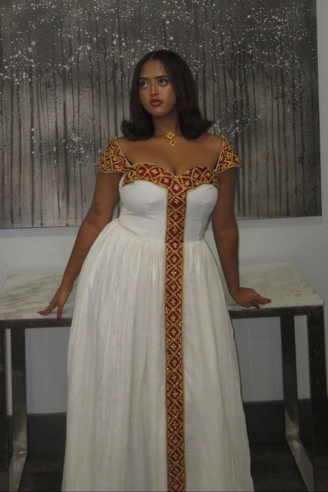 Short Sleeve Ethiopian Clothing Habesha Kemis in Gold and Red Charming Habesha Dress 488
