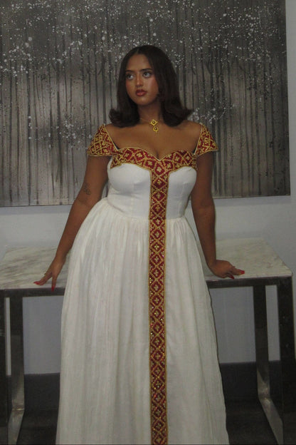 Short Sleeve Ethiopian Clothing Habesha Kemis in Gold and Red Charming Habesha Dress 488