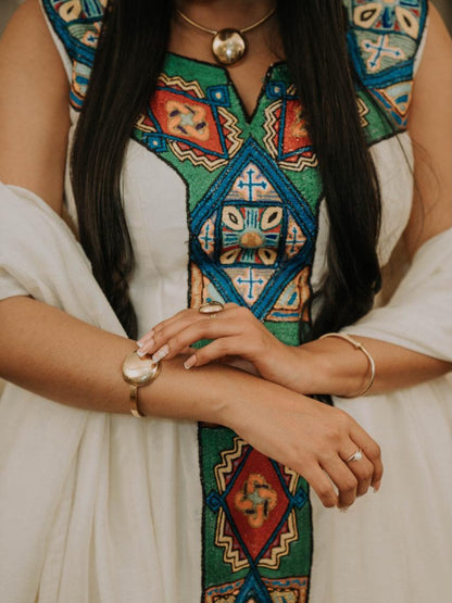 White Ethiopian Traditional Dress Colorful Habesha Kemis  Cultural Woven Habesha Dress 503