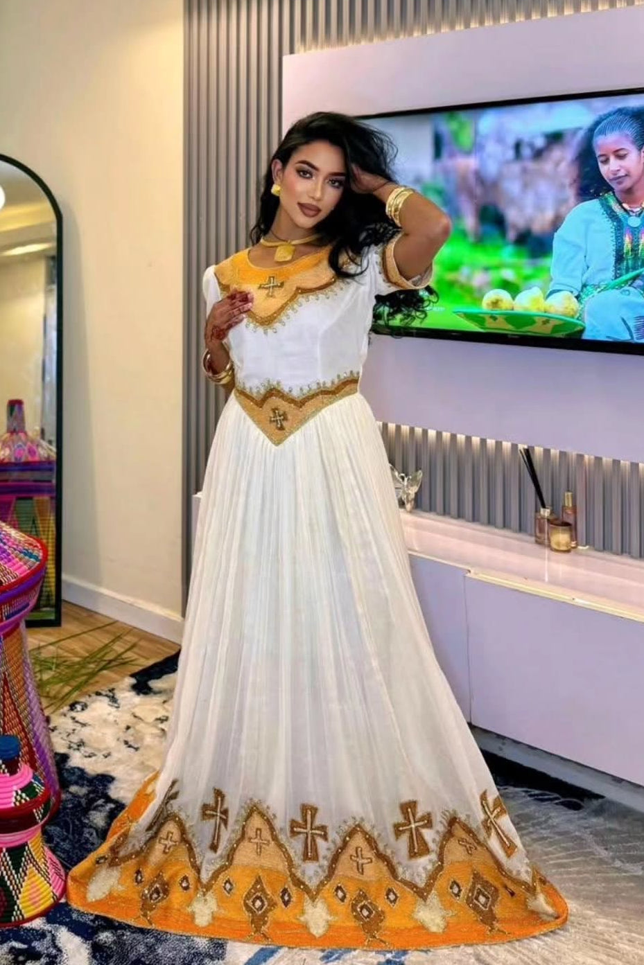Habesha Kemis Inspired by Traditional Ethiopian Clothing White and Gold Habesha Kemis 521