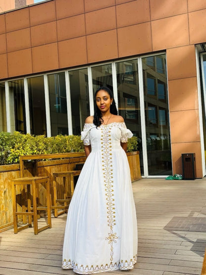 White Off-Shoulder Habesha Kemis Golden Details Habesha Cloth Stylish Habesha Dress 522