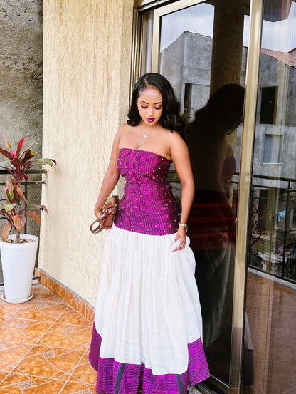 Habesha Dress Style in Purple Habesha Kemis for Cultural Celebrations Strapless Ethiopian Clothing 548