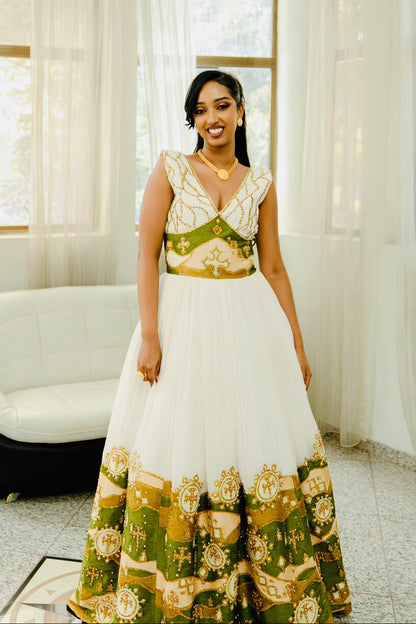 Traditional Ethiopian Wedding Habesha Kemis with Green & Gold Details