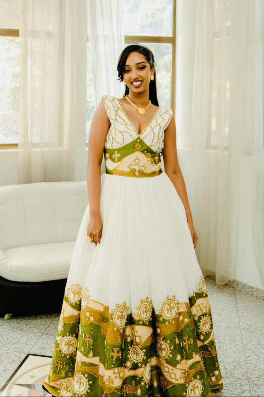 Traditional Ethiopian Wedding Habesha Kemis with Green & Gold Details