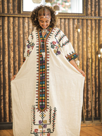 Ivory Habesha Dress Colorful Embroidery Habesha Kemis Timeless Ethiopian Clothing Style 566