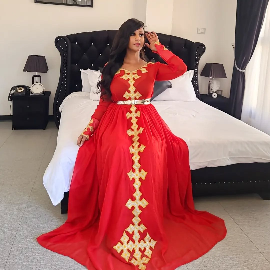 Red Habesha Kemis Traditional Ethiopian & Eritrean Clothing Golden Cross Embroidery Habesha Dress 572