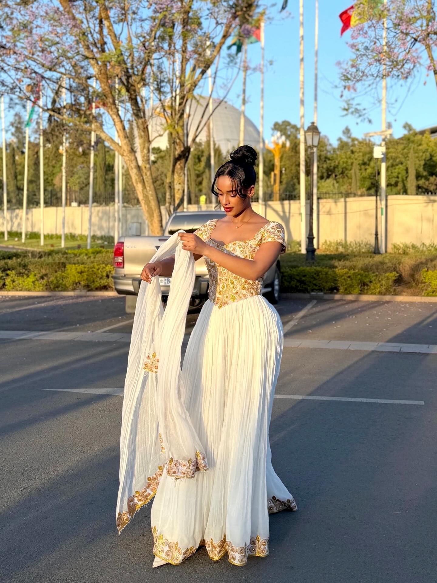 White Habesha Kemis with Gold Embroidered Bodice Habesha Dress For Festive Short Sleeve Ethiopian Dress 573