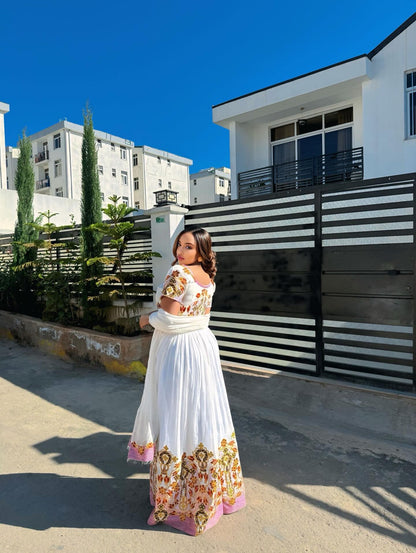 Traditional Ethiopian Clothing Habesha Kemis With Pink Accent and Gold Detail Stylish Habesha Dress 574