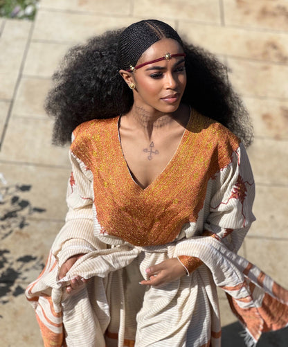 Handwoven Habesha Dress V-neckline Habesha Kemis Traditional Ethiopian And Eritrean Dress 578