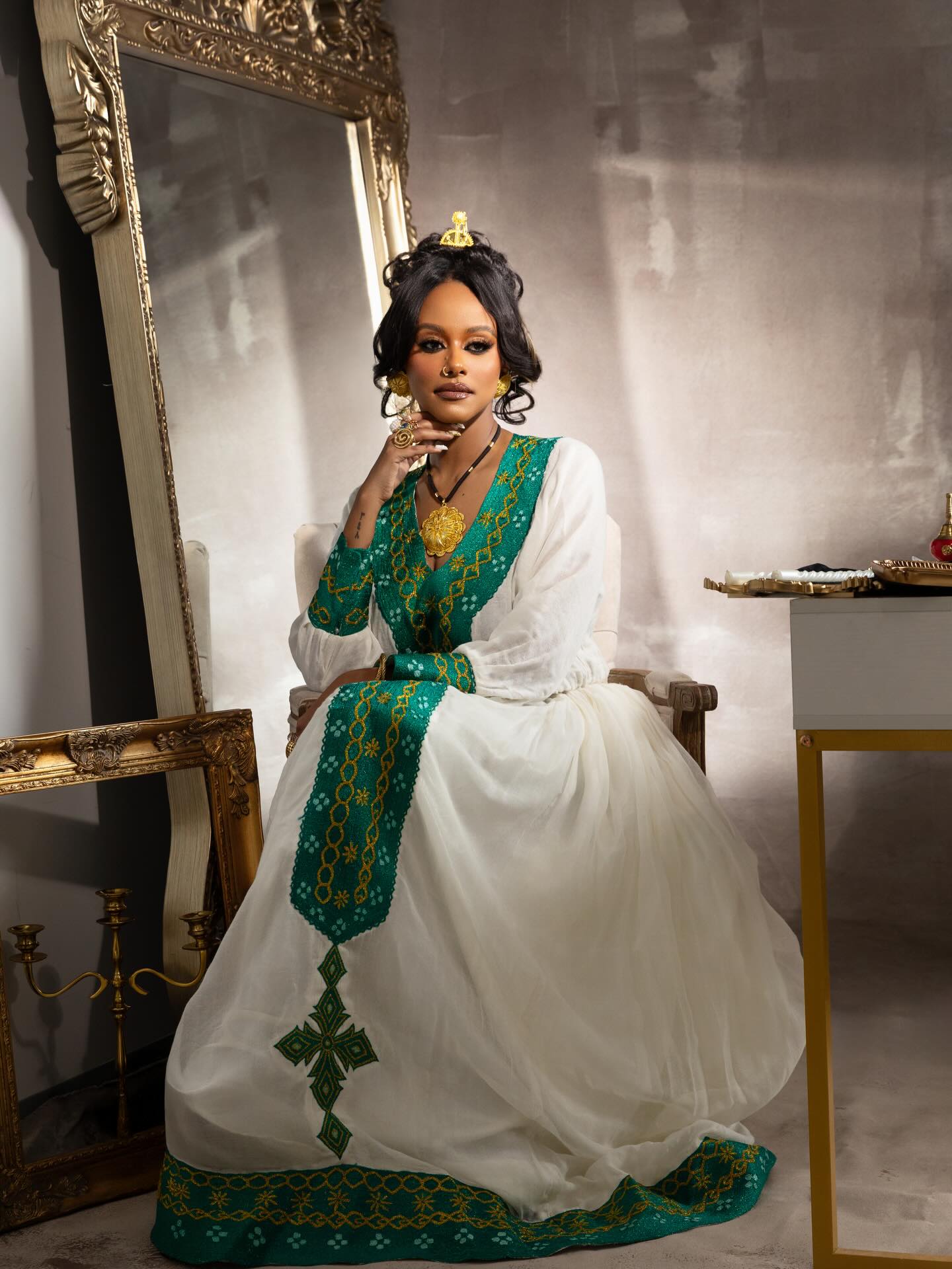 Traditional Ethiopian White Habesha Dress with Green Embroidery M