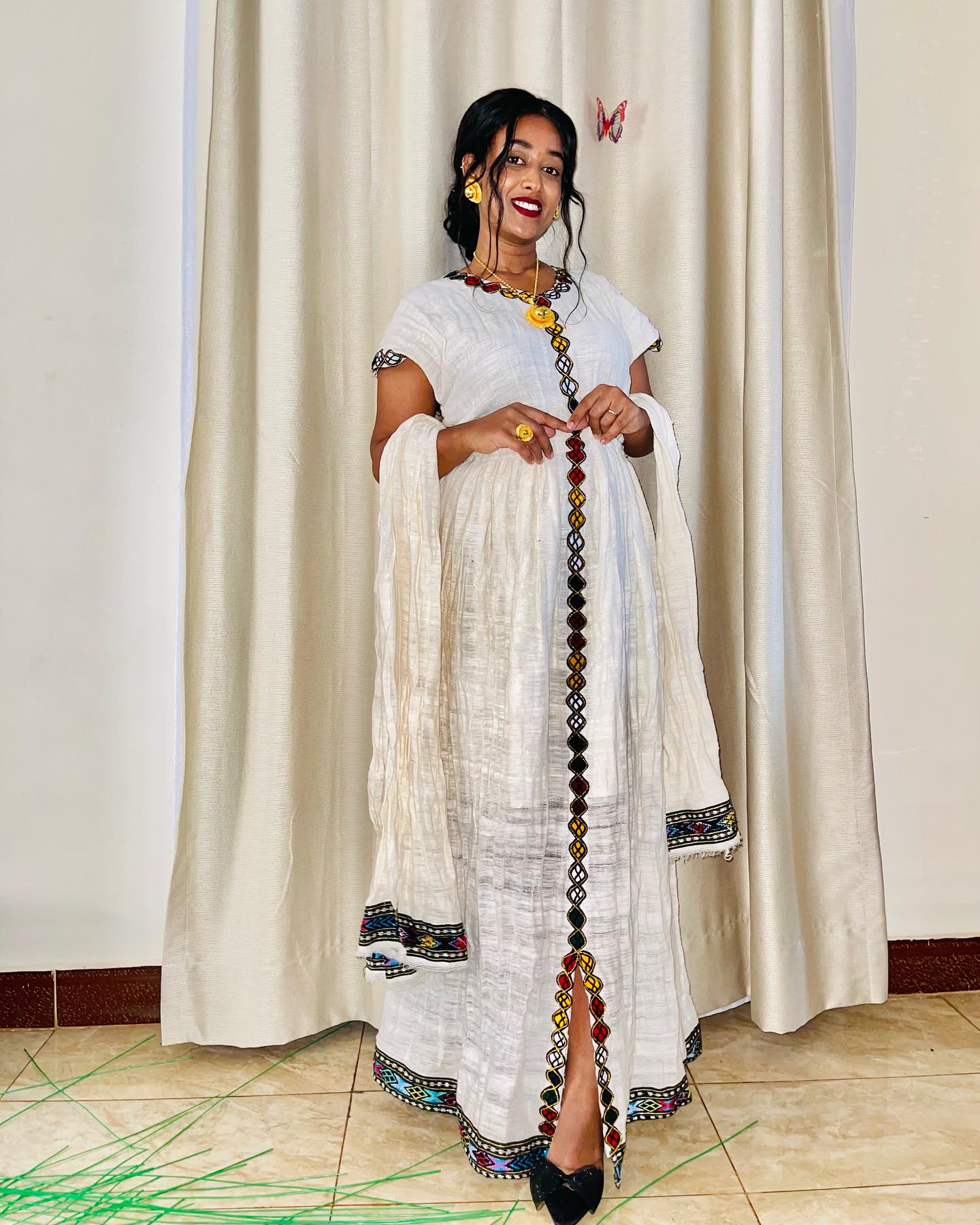 Multicolor Embroidery Habesha Kemis Short Sleeve Ethiopian Traditional Clothing Simple Pattern Habesha Dress 586
