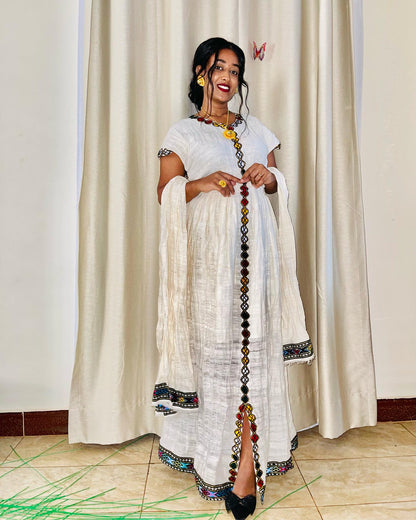Multicolor Embroidery Habesha Kemis Short Sleeve Ethiopian Traditional Clothing Simple Pattern Habesha Dress 586